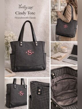 Thirty-One Cindy Tote Houndstooth Black Gray Monogram EUC Chic Work Bag